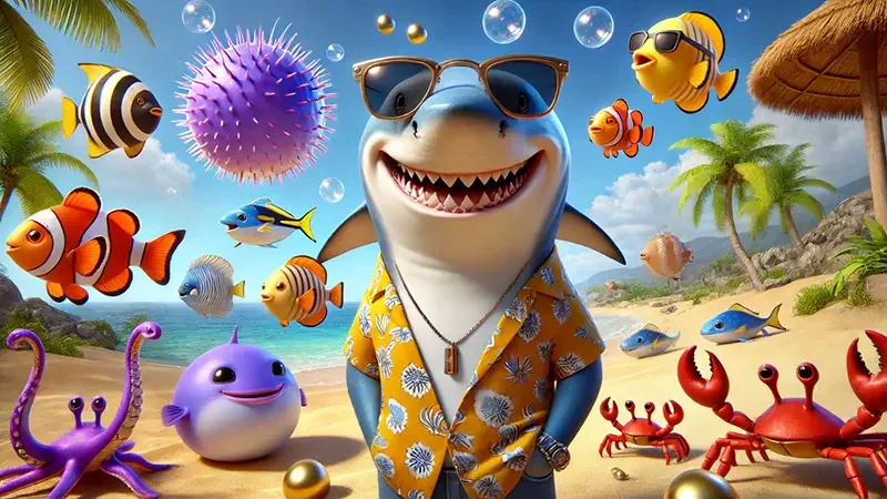 Tampilan permainan tembak ikan dengan target laut dan efek visual di perangkat mobile